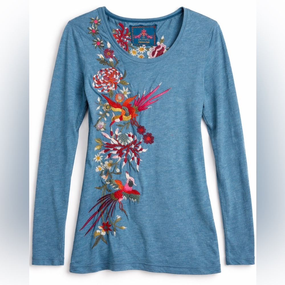 Embroidered Bird Floral Long Sleeve Tee - Blue - Picture 2 of 10